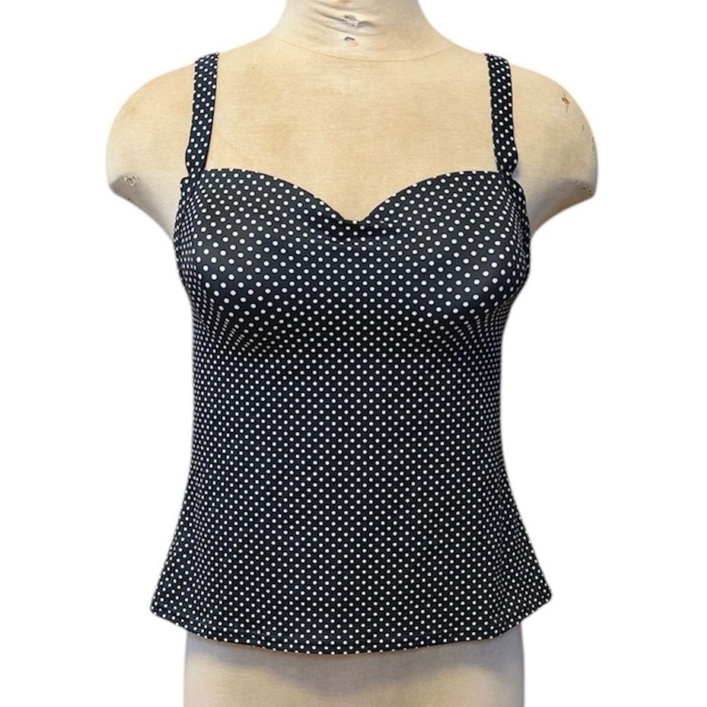 Lands End Tankini Top Swimsuit Swim Black White Polkadot 8C 8